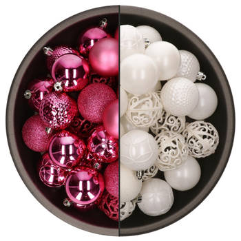 74x stuks kunststof kerstballen mix van fuchsia roze en wit 6 cm - Kerstbal