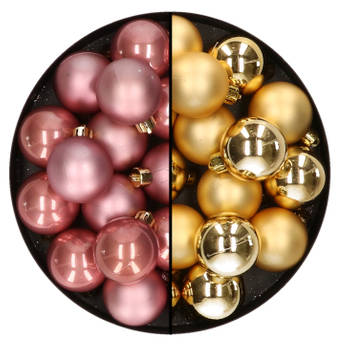 Decoris Kleine kerstballen - 32x st - goud en oudroze - D4 cm - Kerstbal