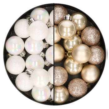 28x stuks kleine kunststof kerstballen champagne en parelmoer wit 3 cm - Kerstbal