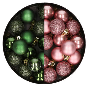 28x stuks kleine kunststof kerstballen velvet roze en dennengroen 3 cm - Kerstbal