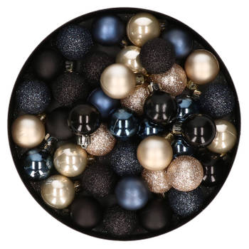 42x stuks kunststof kerstballen donkerblauw, champagne en zwart mix 3 cm - Kerstbal