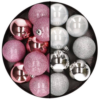 24x stuks kunststof kerstballen mix van roze en zilver 6 cm - Kerstbal