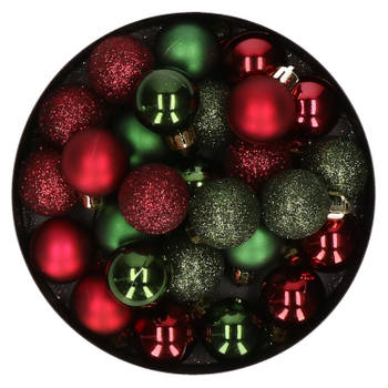 28x stuks kunststof kerstballen donkergroen en donkerrood mix 3 cm - Kerstbal