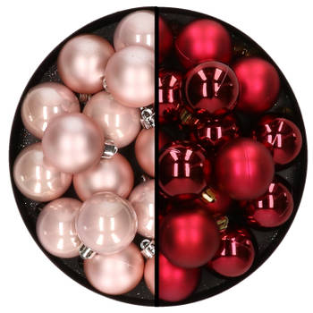32x stuks kunststof kerstballen mix van lichtroze en donkerrood 4 cm - Kerstbal