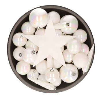 Kerstversiering kunststof kerstballen met piek parelmoer wit 4-5-6-8 cm pakket van 49x stuks - Kerstbal