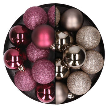 24x stuks kunststof kerstballen mix van aubergine en champagne 6 cm - Kerstbal