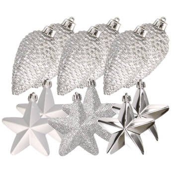 Dennenappels en sterren kerstornamenten - 12 stuks - kunststof - zilver - Kersthangers