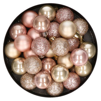 28x stuks kunststof kerstballen parel/champagne en lichtroze mix 3 cm - Kerstbal