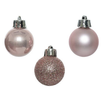 Decoris Mini kerstballen - 14x st - lichtroze - D3 cm - kunststof - Kerstbal