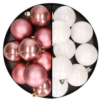 24x stuks kunststof kerstballen mix van oudroze en wit 6 cm - Kerstbal