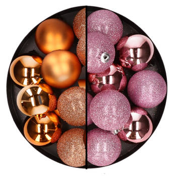 24x stuks kunststof kerstballen mix van koper en roze 6 cm - Kerstbal