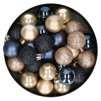 28x stuks kunststof kerstballen parel/champagne en donkerblauw mix 3 cm - Kerstbal
