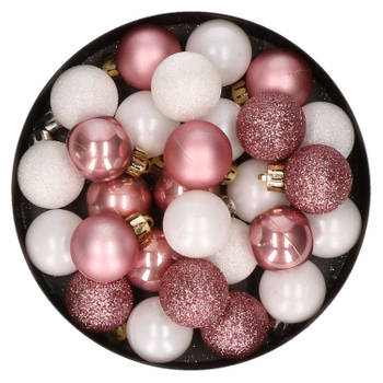 28x stuks kunststof kerstballen oudroze en wit mix 3 cm - Kerstbal