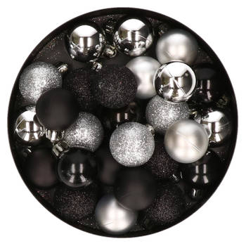 28x stuks kunststof kerstballen zilver en zwart mix 3 cm - Kerstbal