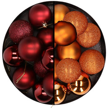 24x stuks kunststof kerstballen mix van donkerrood en oranje 6 cm - Kerstbal