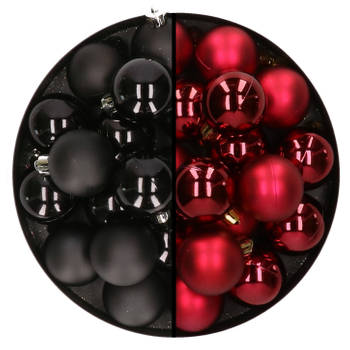 32x stuks kunststof kerstballen mix van zwart en donkerrood 4 cm - Kerstbal