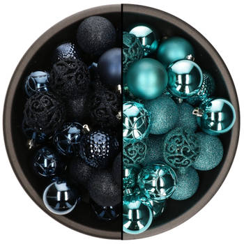 74x stuks kunststof kerstballen mix van donkerblauw en turquoise blauw 6 cm - Kerstbal