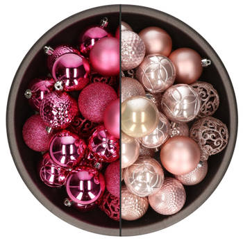 74x stuks kunststof kerstballen mix van fuchsia roze en lichtroze 6 cm - Kerstbal