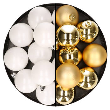24x stuks kunststof kerstballen mix van wit en goud 6 cm - Kerstbal