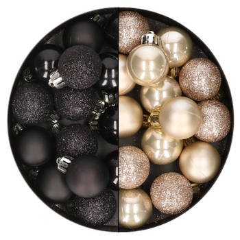 28x stuks kleine kunststof kerstballen zwart en champagne 3 cm - Kerstbal