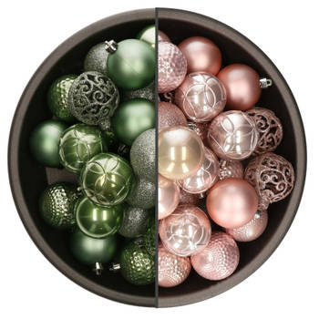 74x stuks kunststof kerstballen mix van salie groen en lichtroze 6 cm - Kerstbal