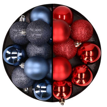 24x stuks kunststof kerstballen mix van donkerblauw en rood 6 cm - Kerstbal