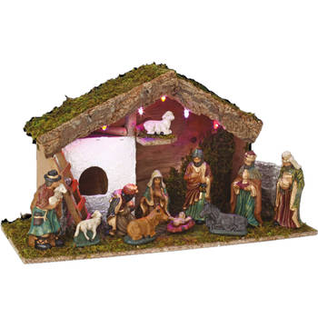 Complete verlichte kerststal inclusief kerststal beelden L46 x B17 x H25 cm - Kerststallen