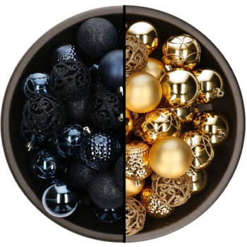74x stuks kunststof kerstballen mix van donkerblauw en goud 6 cm - Kerstbal
