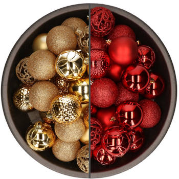 74x stuks kunststof kerstballen mix van goud en rood 6 cm - Kerstbal