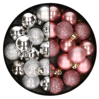 28x stuks kleine kunststof kerstballen velvet roze en zilver 3 cm - Kerstbal