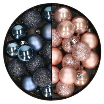 28x stuks kleine kunststof kerstballen nachtblauw en zacht roze 3 cm - Kerstbal