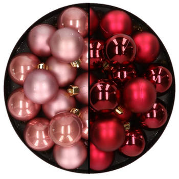 32x stuks kunststof kerstballen mix van oudroze en donkerrood 4 cm - Kerstbal