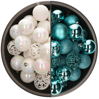 74x stuks kunststof kerstballen mix van parelmoer wit en turquoise blauw 6 cm - Kerstbal