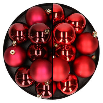 24x stuks kunststof kerstballen mix van donkerrood en rood 6 cm - Kerstbal