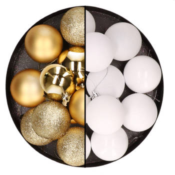 24x stuks kunststof kerstballen mix van goud en wit 6 cm - Kerstbal
