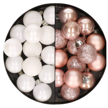 28x stuks kleine kunststof kerstballen wit en zachtroze 3 cm - Kerstbal