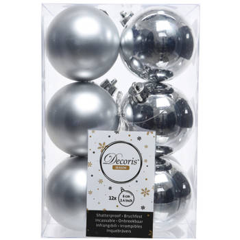 12x Kunststof kerstballen glanzend/mat zilver 6 cm kerstboom versiering/decoratie - Kerstbal