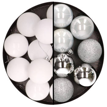 24x stuks kunststof kerstballen mix van wit en zilver 6 cm - Kerstbal