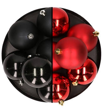 12x stuks kunststof kerstballen 8 cm mix van zwart en rood - Kerstbal