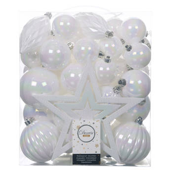 Set 66x stuks kunststof kerstballen met ster piek parelmoer wit - Kerstbal