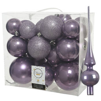 Set van 26x stuks kunststof kerstballen incl. glazen piek glans lila paars - Kerstbal