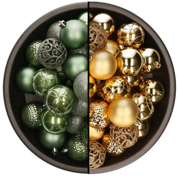 74x stuks kunststof kerstballen mix van salie groen en goud 6 cm - Kerstbal