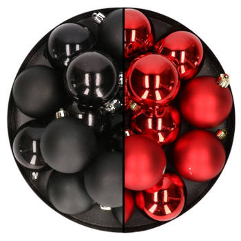 24x stuks kunststof kerstballen mix van zwart en rood 6 cm - Kerstbal