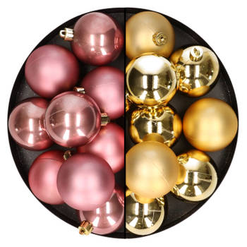 24x stuks kunststof kerstballen mix van goud en oudroze 6 cm - Kerstbal