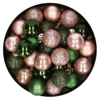 28x stuks kunststof kerstballen donkergroen en lichtroze mix 3 cm - Kerstbal