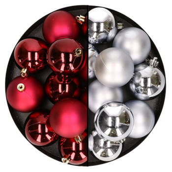 24x stuks kunststof kerstballen mix van donkerrood en zilver 6 cm - Kerstbal