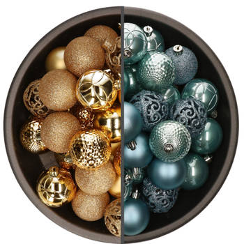 74x stuks kunststof kerstballen mix van goud en ijsblauw 6 cm - Kerstbal