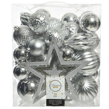 Decoris Kerstballen met piek - 49x st - kunststof zilver - 5-6-8-10cm - Kerstbal