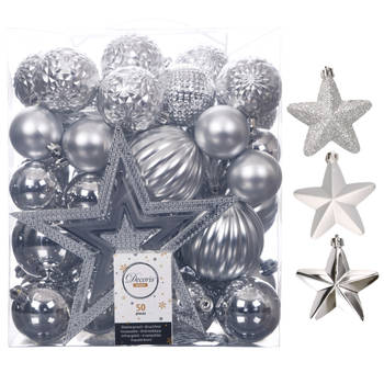 56x stuks kunststof kerstballen en ornamenten met ster piek zilver - Kerstbal
