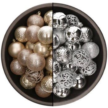 74x stuks kunststof kerstballen mix van champagne en zilver 6 cm - Kerstbal